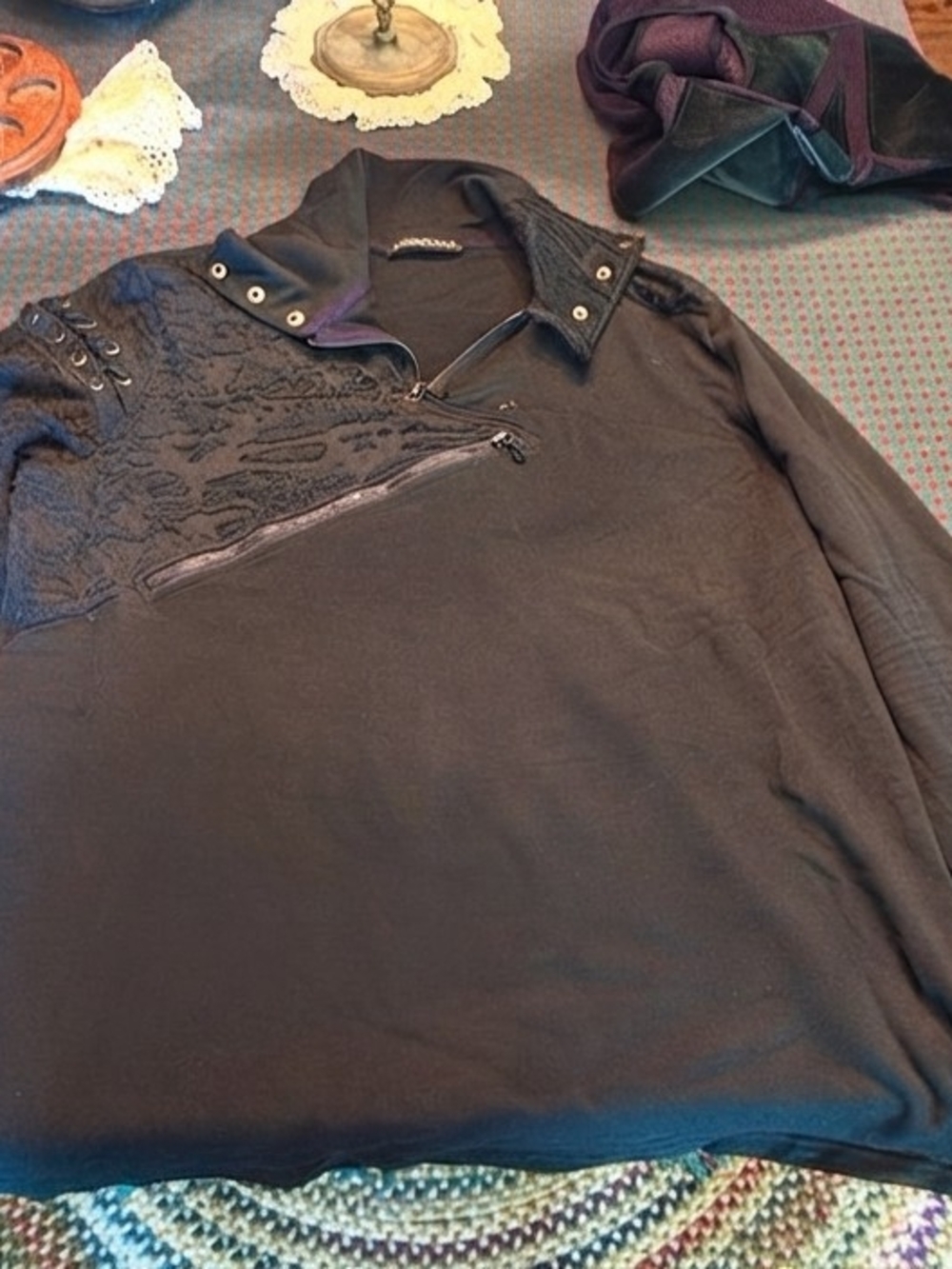 Men's Black Quarter-Zip Sweater with Textured Bondage Shoulder Detail